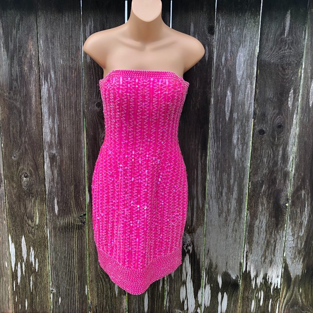 Vintage 90s Demetrios Designs Strapless Dress Pink Silk Beaded Semi Form…